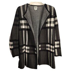 Anne Klein Open Front Cardigan Sweater Womens XL Black White Plaid Long Sleeves
